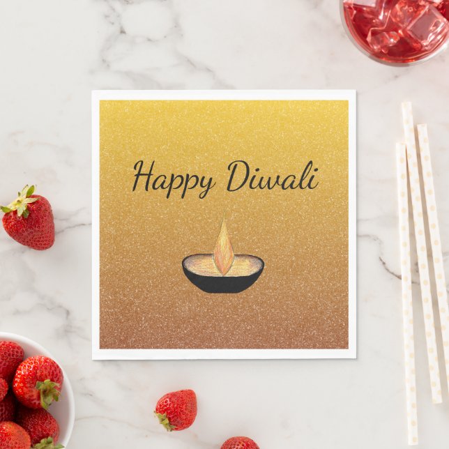 Diwali Diya Flame Lamp Elegant Glitter Gold  Napkin (Insitu)