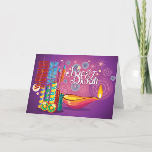 Diwali  Diyas and Firecrackers on Purple Card