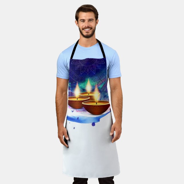 Diwali Diyas Blue Paint Wash Apron (Worn)