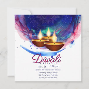 Diwali Diyas Blue Paint Wash Invitation