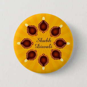 Diwali Diyas with Yellow Sun Rays 6 Cm Round Badge