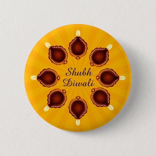 Diwali Diyas with Yellow Sun Rays 6 Cm Round Badge (Front)