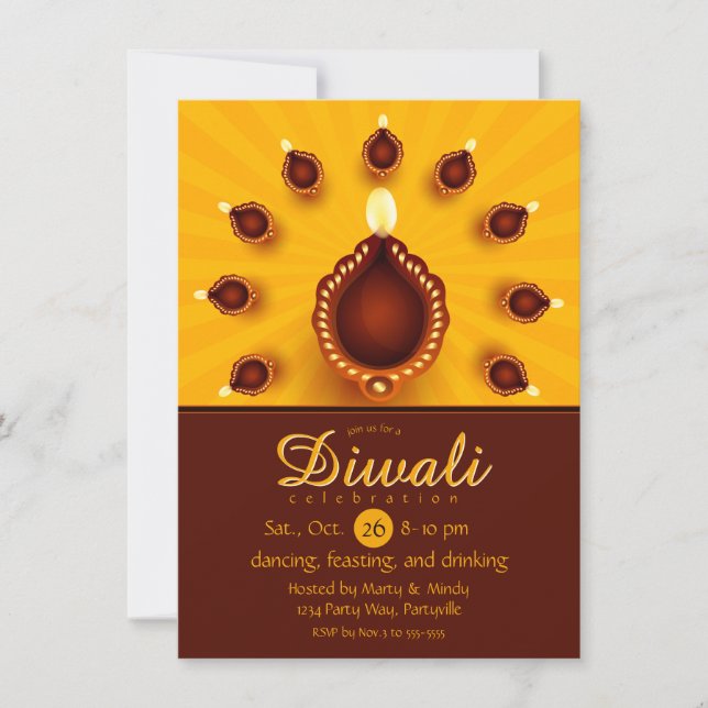 Diwali Diyas with Yellow Sun Rays Invitation (Front)