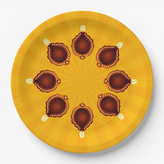 Diwali Diyas with Yellow Sun Rays Paper Plate (Front)