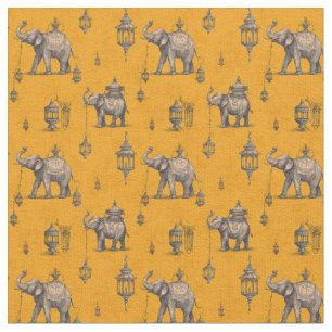 Diwali Elephant in Golden Field Toile de Jouy  Fabric