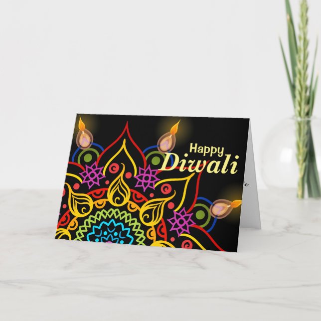 Diwali flower Rangoli with bright oil lamps Card (Front)