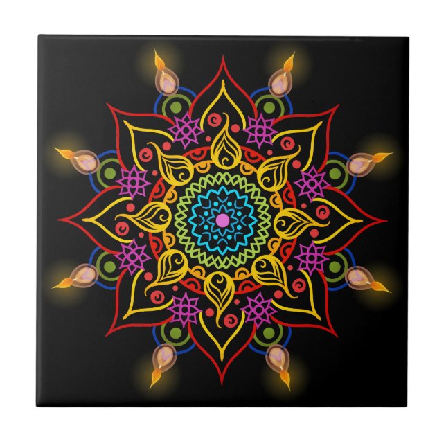 Diwali flower Rangoli with oil lamps Ceramic Tile (Front)