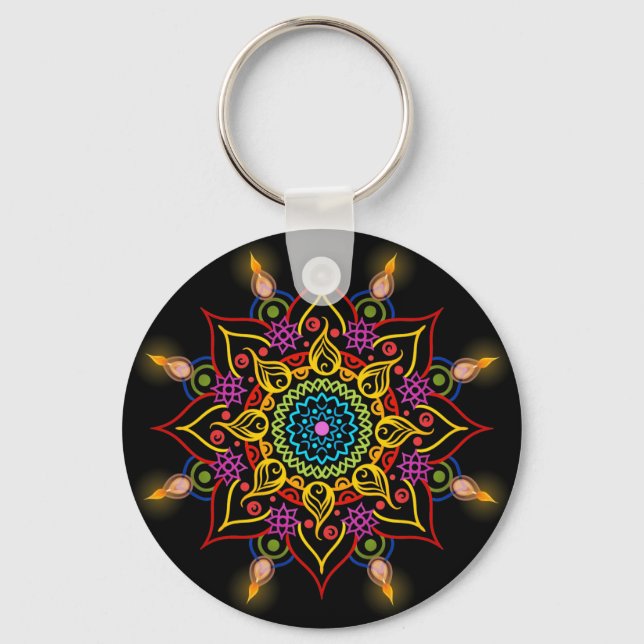 Diwali flower Rangoli with oil lamps Key Ring (Front)