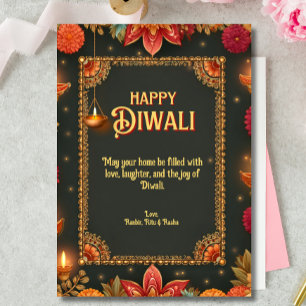 Diwali Green Gold Lamps Floral Ornate Border Invitation