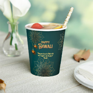 Diwali Green Gold Lamps Mandala Personalised Paper Cups