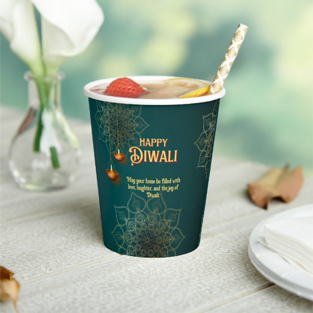 Diwali Green Gold Lamps Mandala Personalised Paper Cups (Insitu)