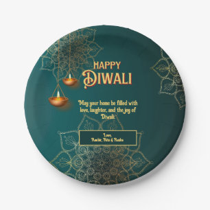Diwali Green Gold Lamps Mandala Personalized Paper Plate