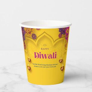 Diwali Greeting Yellow Purple Floral Personalised Paper Cups