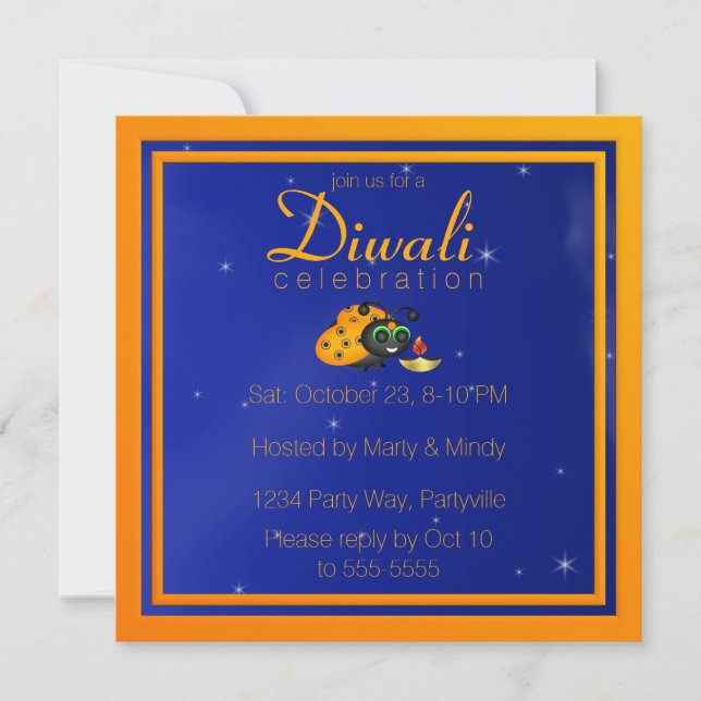 Diwali Ladybug with Dipa on a Starry Night Invitation (Front)