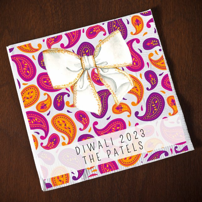 Diwali Paisley White Bow Napkin (Creator Uploaded)