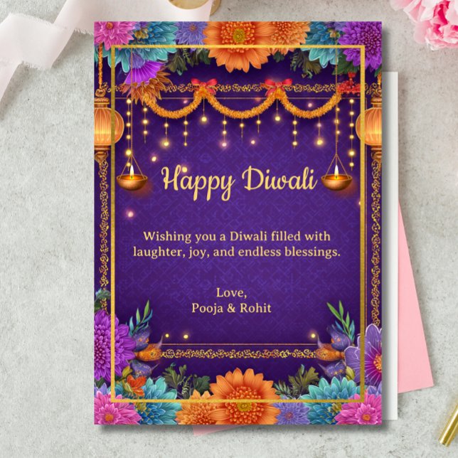 Diwali Purple Gold Diwali Lamps Light Illustration Invitation (Creator Uploaded)