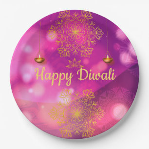 Diwali Purple Mandala Elephant Lamps Paper Plate