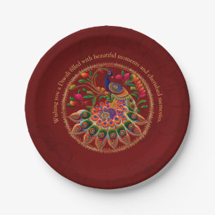 Diwali Red Gold Colorful Peacock Personalized  Paper Plate