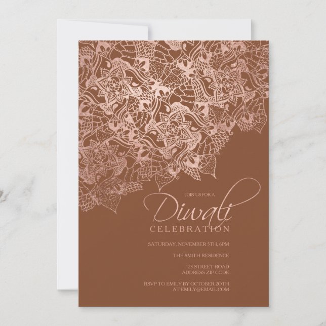 Diwali typography faux rose gold mandala brown invitation (Front)