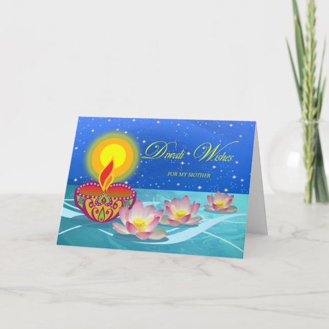 Diwali Wishes for Mother, Diya Lamp and Lotus Card (Front)