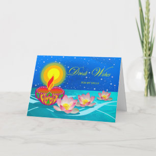 Diwali Wishes for My Uncle, Diya Lamp and Lotus Card