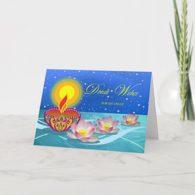 Diwali Wishes for My Uncle, Diya Lamp and Lotus Card (Front)