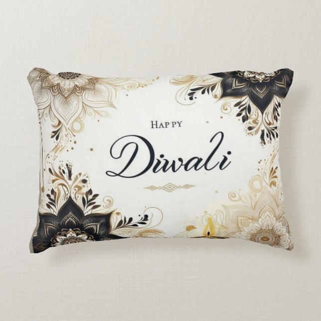 Diwali with Elegant Floral & Diya  Decorative Cushion (Front)