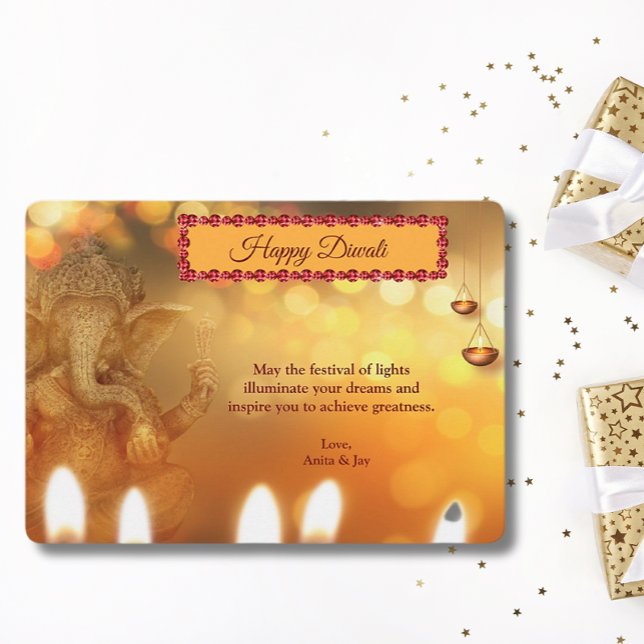 Diwali Yellow Gold Ganesh Lamp Diyas Greeting Holiday Card (Creator Uploaded)