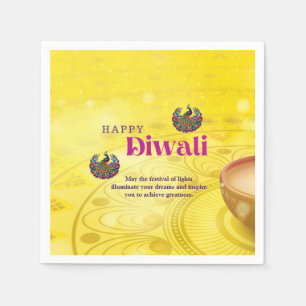 Diwali Yellow Mandala Lamp Peacock Personalized Napkin