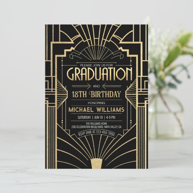 DIY 18th Birthday Graduation Art Deco Black Gold Invitation (Standing Front)
