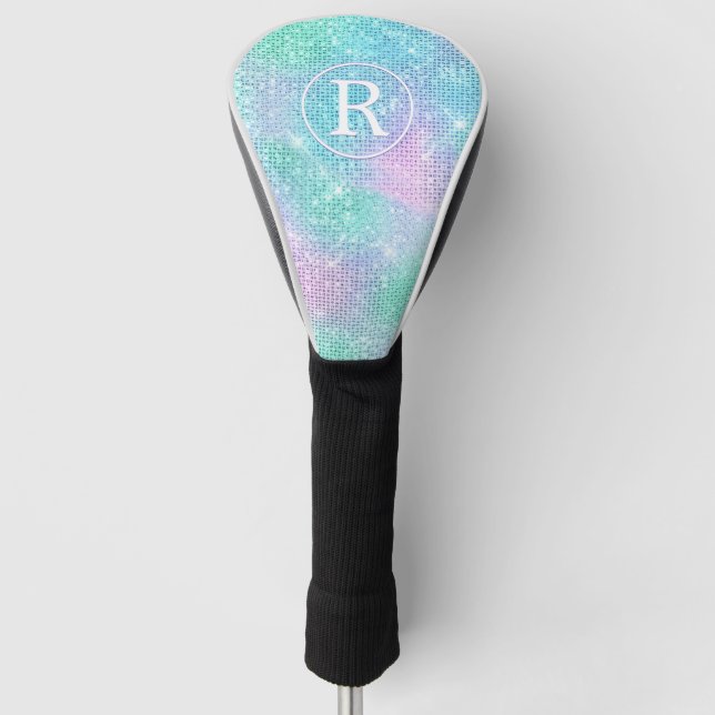 DIY 3-D White Monogram Circle, Iridescent Sparkle Golf Head Cover (Front)