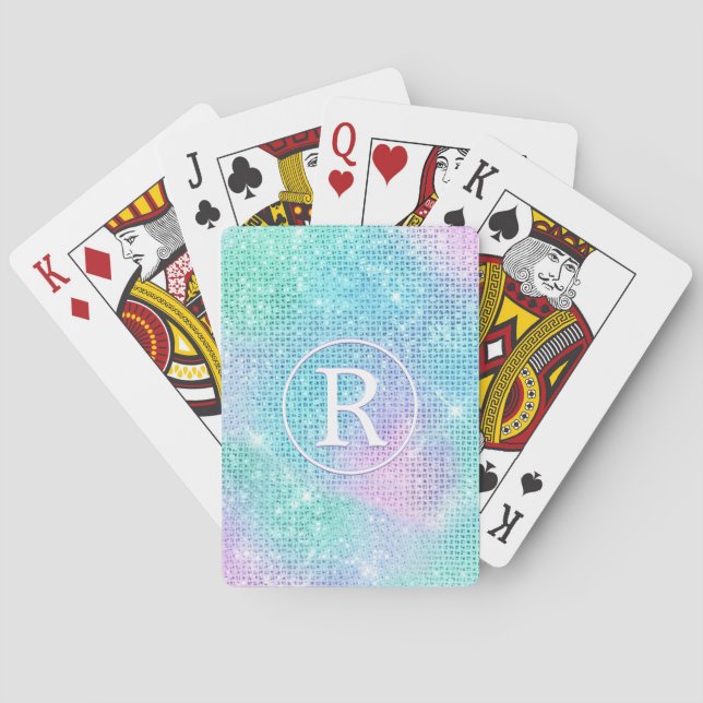 DIY 3-D White Monogram Circle, Iridescent Sparkle Playing Cards (Back)