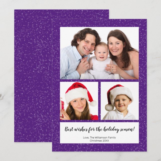DIY 3 Photo Collage Name Year Script Snowy Purple Holiday Card (Front/Back)