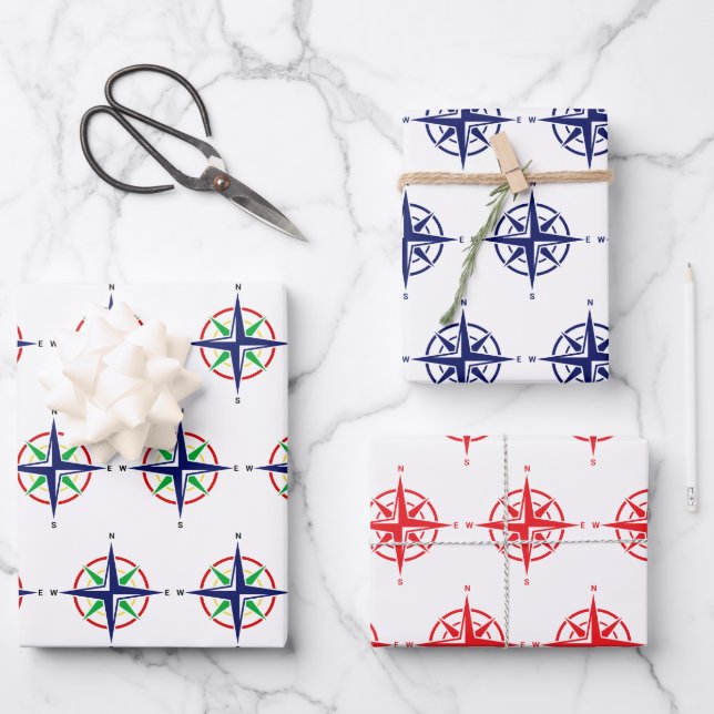 DIY 5 Colour Nautical Compass Rose Wrapping Paper Sheet (Front)