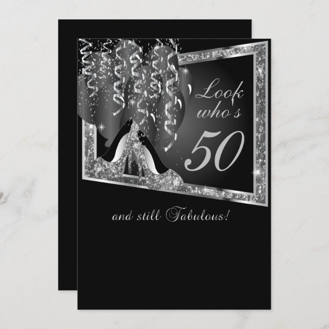 DIY Age Birthday Party | Silver Glitter & Black Invitation (Front/Back)