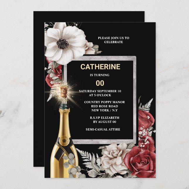 DIY age red rose sparkling wine elegant floral Invitation (Front/Back)