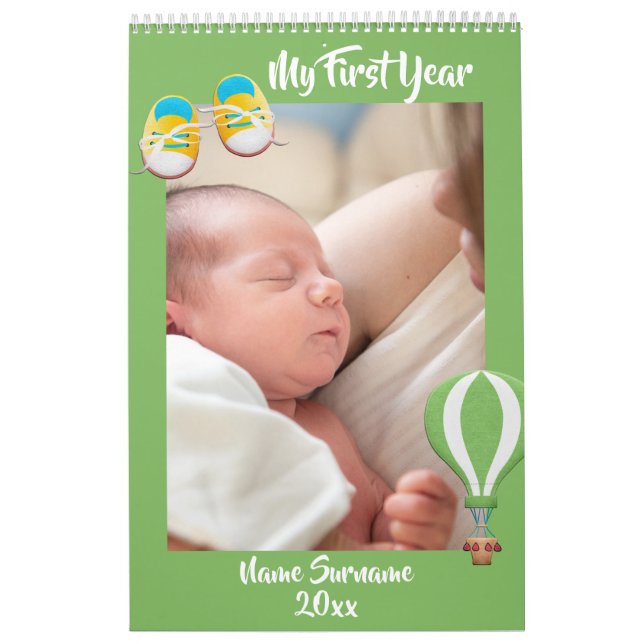 DIY baby photo | booties hot air balloon green Calendar (Cover)
