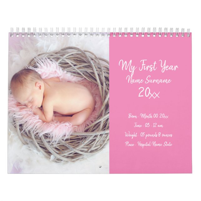 DIY baby photo first year new parents picture pink Calendar (Cover)