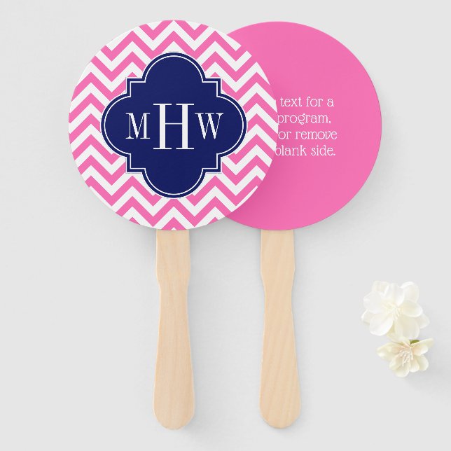 DIY Background Wht Chevron ZigZag Blue 5c Monogram Hand Fan (Front and Back)