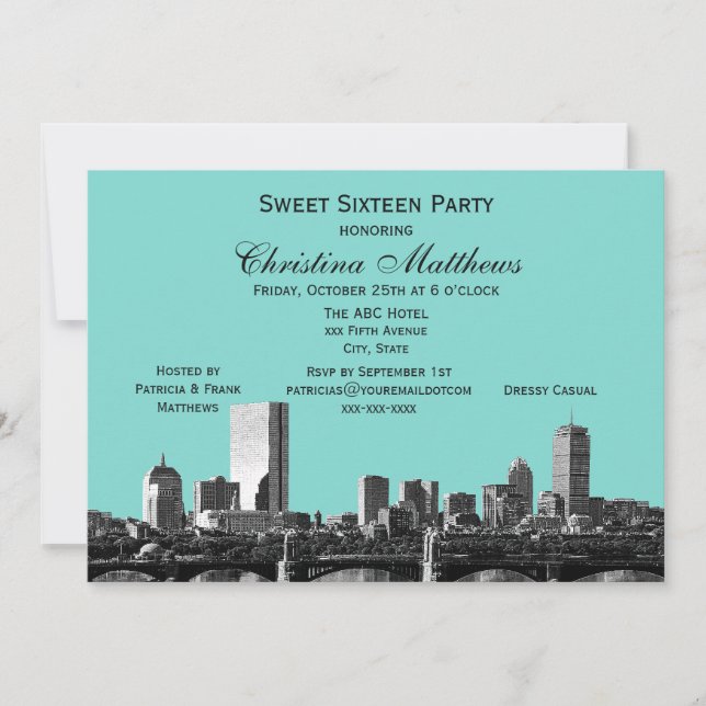 DIY BG Colour Boston Skyline #2BW Sweet 16 Party Invitation (Front)