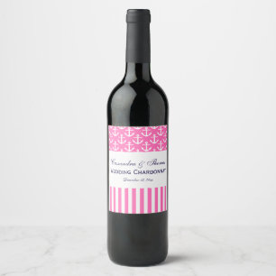 DIY BG Hot Pink White Anchor Stripe Party Wine Label