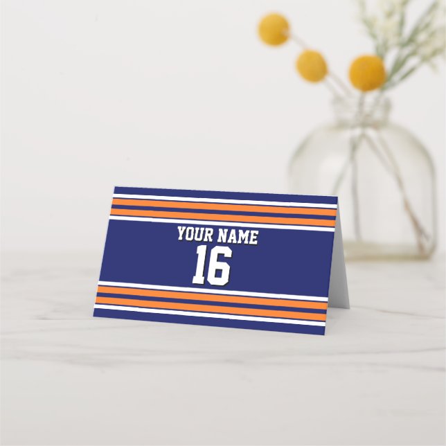 DIY BG Navy Orange Team Jersey Custom Number Name Place Card (Front)