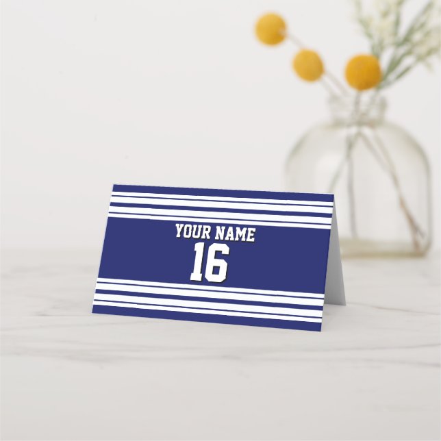 DIY BG Navy White Team Jersey Custom Number Name Place Card (Front)