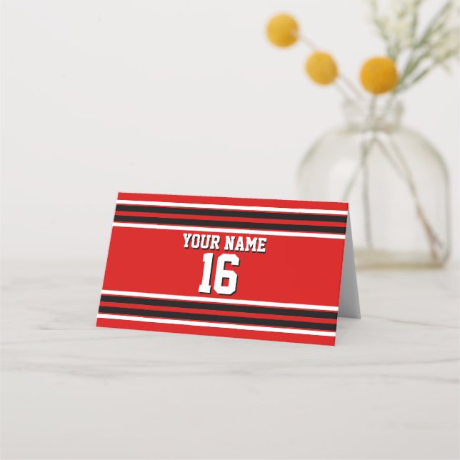 DIY BG Red Black Team Jersey Custom Number Name Place Card (Front)