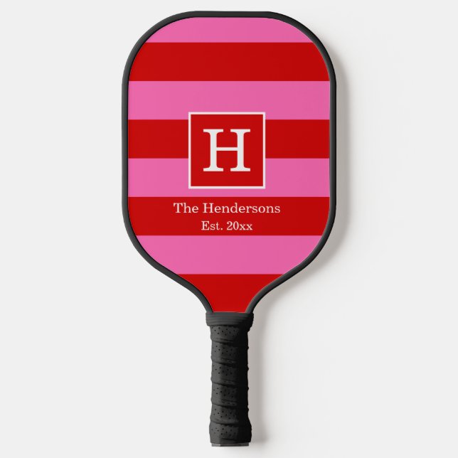 DIY BG Stripe Frame Name Monogram Red SV Hot Pink Pickleball Paddle (Front)