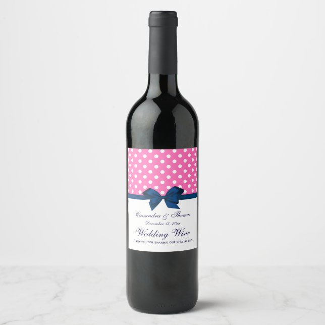 DIY BG White Polka Dots Navy Bow Wine Bottle Label (Front)