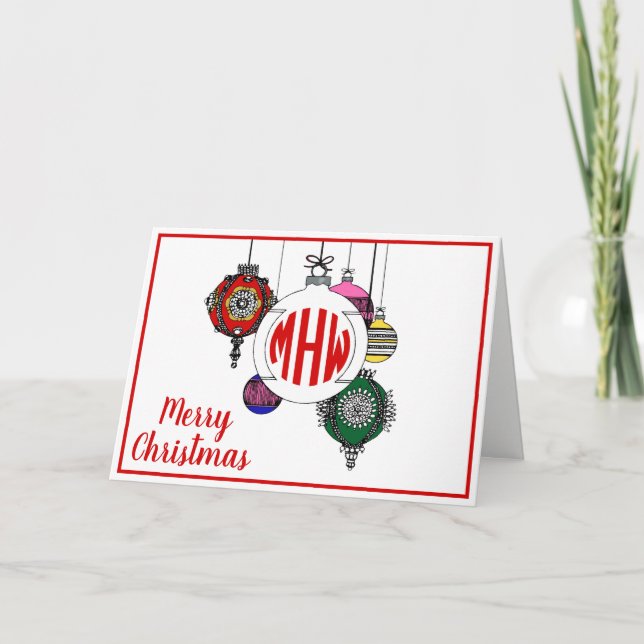 DIY BG Xmas Ornaments Red Circle Monogram Font Holiday Card (Front)
