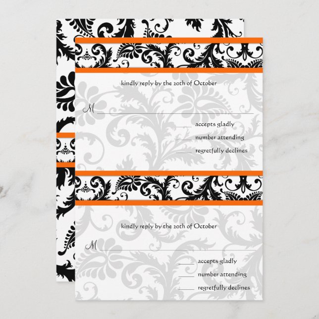 DIY Black Damask Orange RSVP Wedding Invitation (Front/Back)
