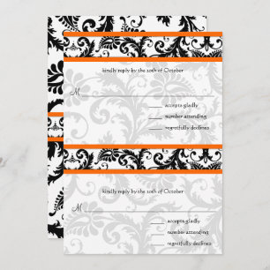 DIY Black Damask Orange RSVP Wedding Invitation