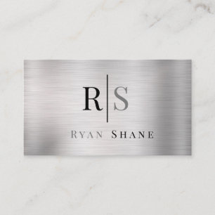 DIY Blk & Grey Monogram & Name, Brushed Silver Business Card